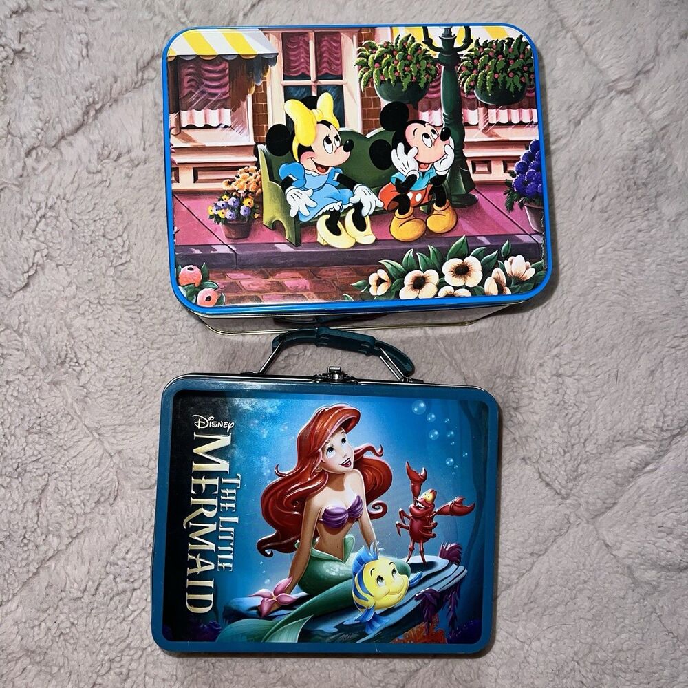 disney bundle: vintage tin and little mermaid lunchbox metal boxes guc